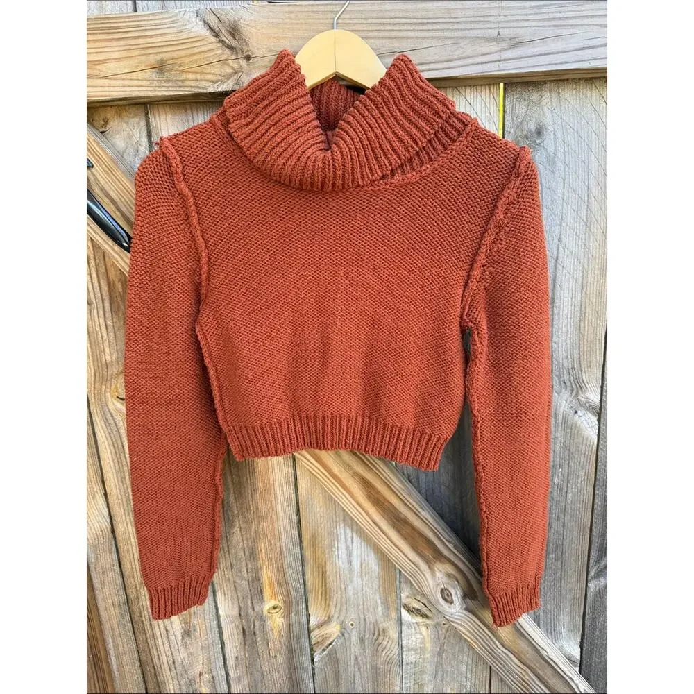 Free People Solar Eclipse Cropped Turtleneck Sweater Small Orange Rust